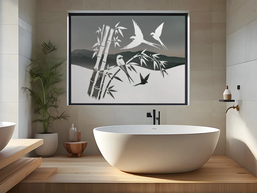 Sichtschutzfolie Bambusrohr mit Vögeln