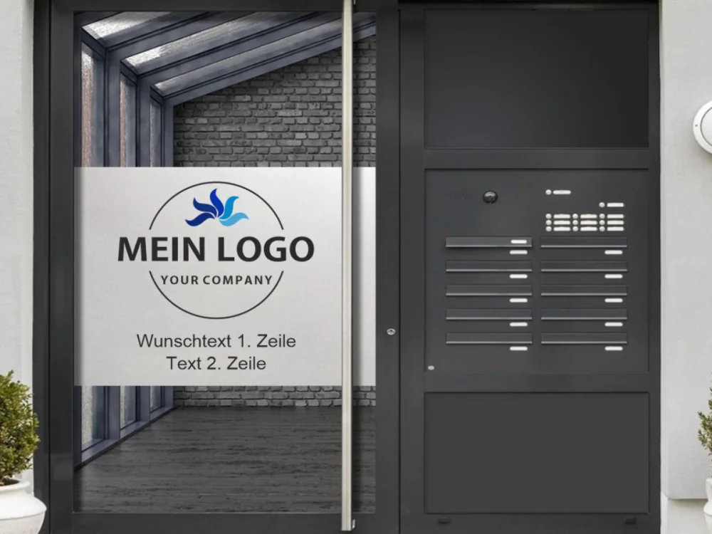 Sichtschutzfolie Firmenlogo gedruckt mit Wunschtext auf Eingangstür