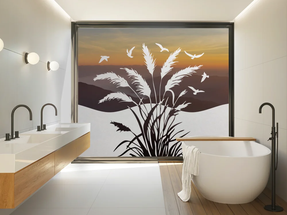 Sichtschutzfolie Pampasgras und Vögel im Wind