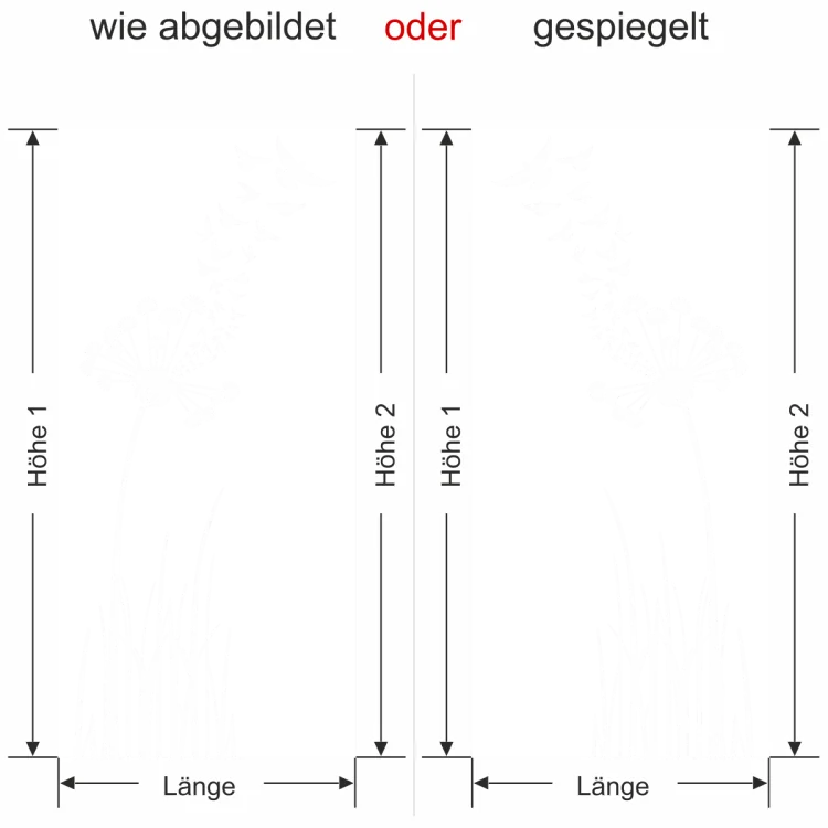 Sichtschutzfolie Glastür Pusteblume mit Vogelschwarm - Ansicht Ausrichtung und Farbauswahl
