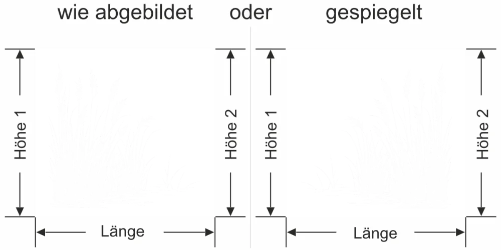 Sichtschutzfolie Schilfgras am Seeufer - Ansicht Ausrichtung mit Farbauswahl und Anleitung zur Größenberechnung - Vorschlag 2