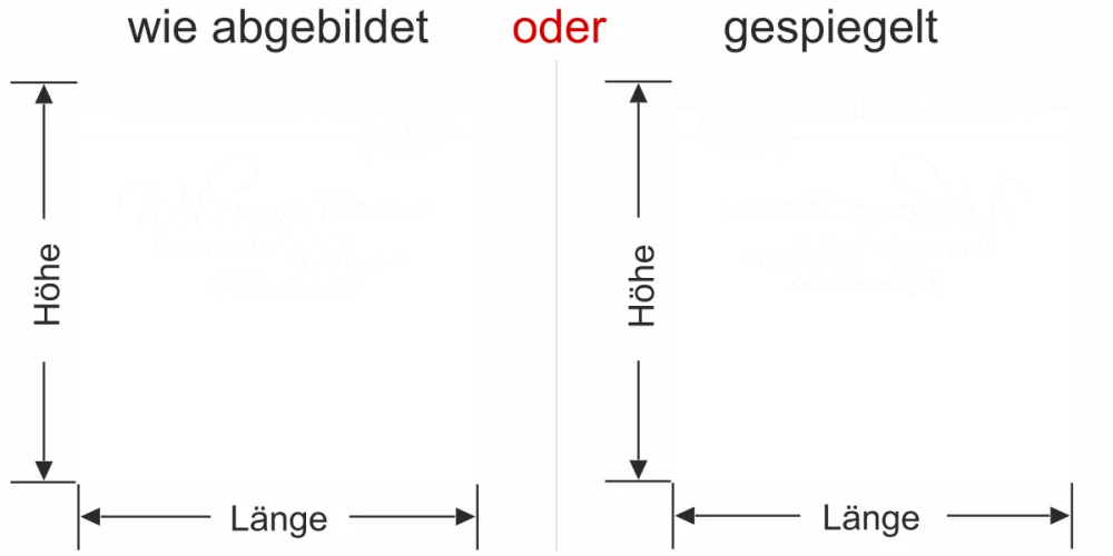 Fensterfolie mit Willkommen in verschiedenen Sprachen - Ansicht Ausrichtung mit Farbauswahl