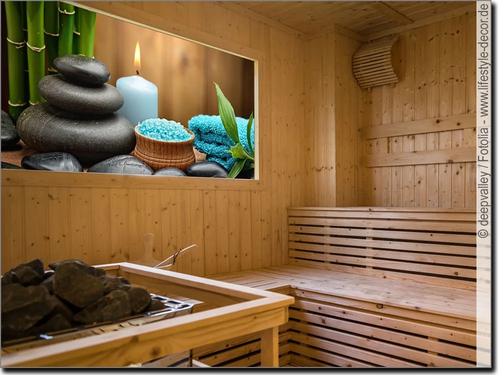 Sichtschutzfolie für Fenster in der Sauna mit Wellness Motiv