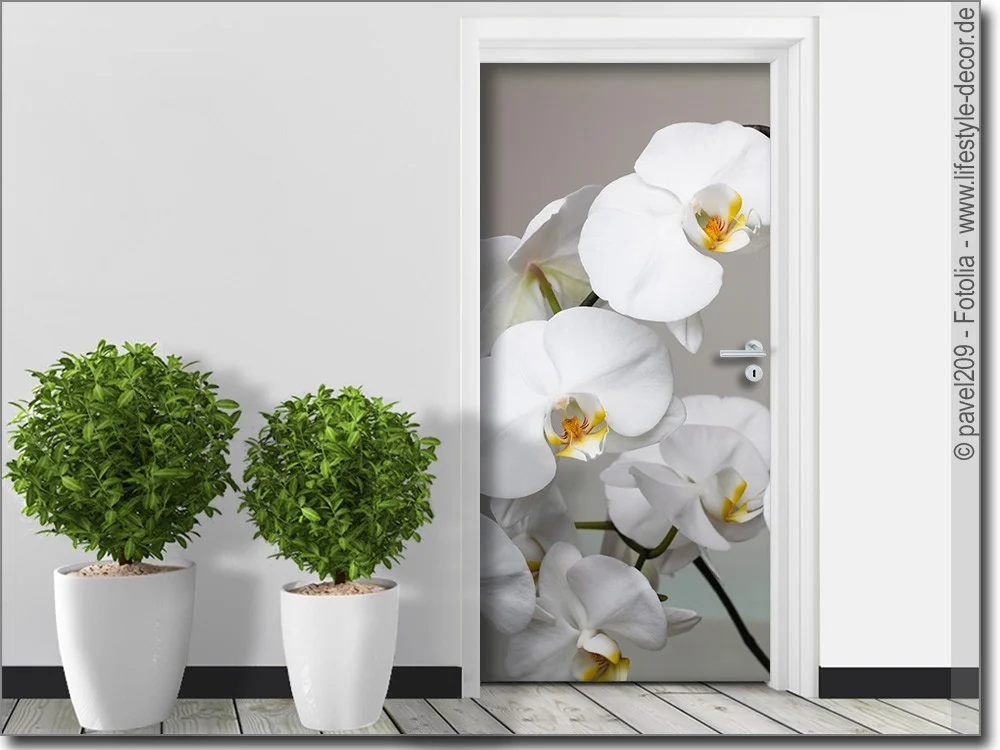 Türposter weiße Orchideen auf grauem Hintergrund