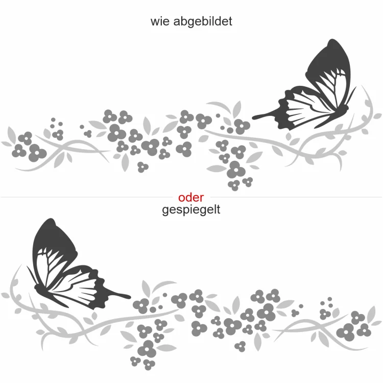 Buntes Wandtattoo mit Blütenzauber Ornament und Schmetterling - Ansicht Ausrichtung Buntes Wandtattoo mit Blütenzauber Ornament und Schmetterling - Ansicht Ausrichtung