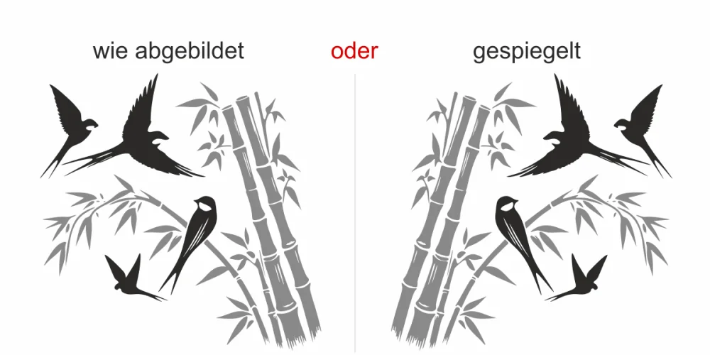 Mehrfarbiges Wandtattoo Bambusrohr mit Vögeln - Ansicht Ausrichtung