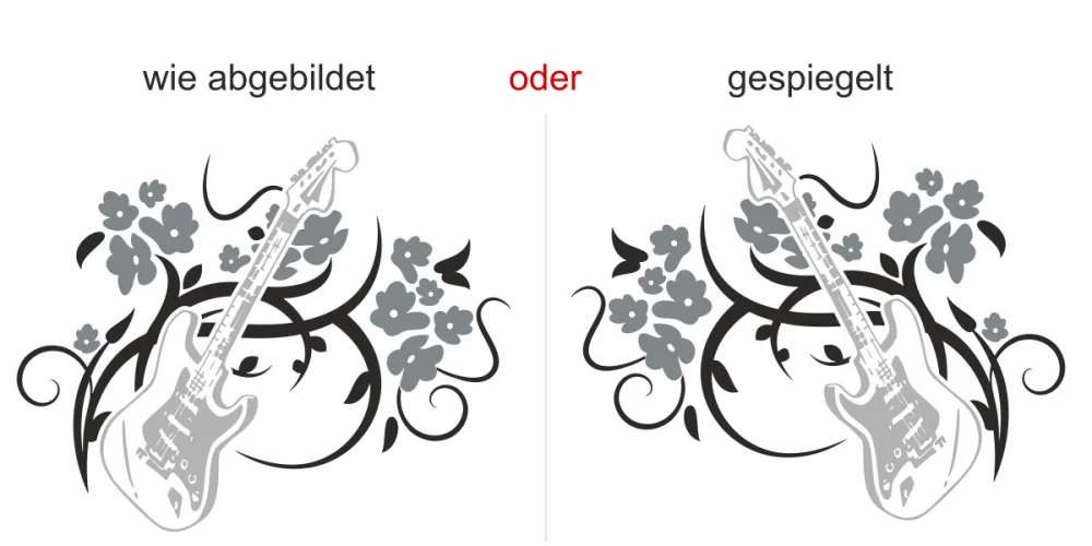 Buntes Wandtattoo mit rockigem Gitarrenmotiv und Blumen - Ansicht Ausrichtung Buntes Wandtattoo mit rockigem Gitarrenmotiv und Blumen - Ansicht Ausrichtung