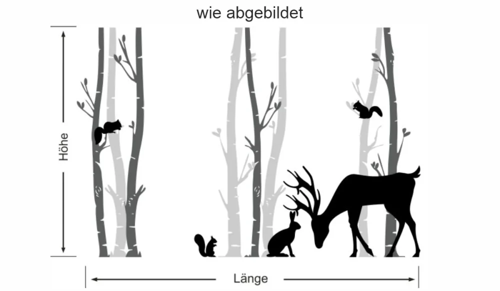 XXL Wandtattoo mit Birken und Tieren im Wald - Ansicht Ausrichtung XXL Wandtattoo mit Birken und Tieren im Wald - Ansicht Ausrichtung