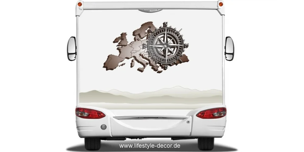 Autoaufkleber 3D Europakarte mit Windrose und Bergpanorama