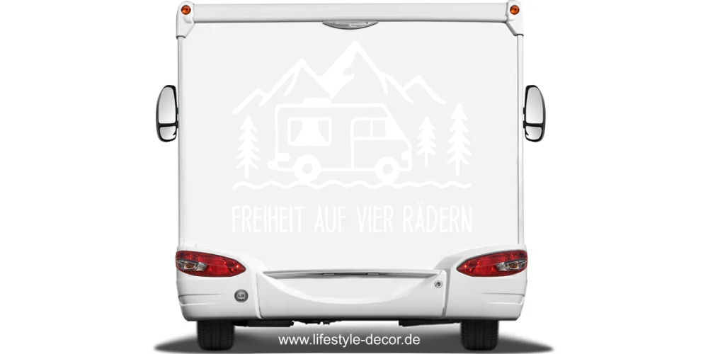 Wohnmobildekor Freiheit auf vier Rädern auf Heck - Ansicht Farbauswahl Wohnmobildekor Freiheit auf vier Rädern auf Heck - Ansicht Farbauswahl