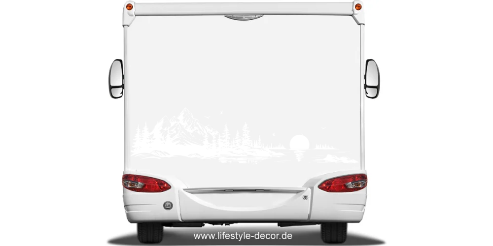 Wohnmobilsticker Alpensee mit Sonnenuntergang - auf Wohnmobilheck mit Farbauswahl