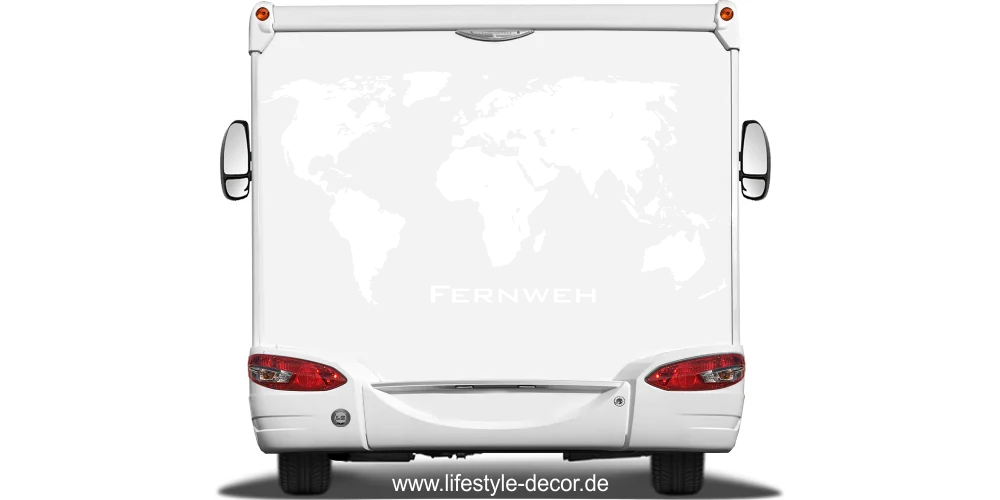 Wohnmobilaufkleber mit Weltkarte auf Heck von Wohnmobil oder Wohnwagen - Ansicht Farbauswahl Wohnmobilaufkleber mit Weltkarte auf Heck von Wohnmobil oder Wohnwagen - Ansicht Farbauswahl