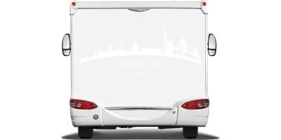 Autodekor Hamburger Skyline auf Heck von Wohnmobil oder Wohnwagen - Ansicht Farbauswahl