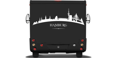 Autodekor Hamburger Skyline auf Heck von Wohnmobil oder Wohnwagen - Ansicht Farbauswahl