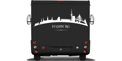 Autodekor Hamburger Skyline auf Heck von Wohnmobil oder Wohnwagen - Ansicht Farbauswahl