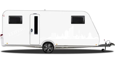 Konturgeschnittene Autofolie mit Leipziger Skyline auf hellem Wohnwagen - Ansicht Farbauswahl