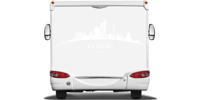 Konturgeschnittene Autofolie mit Leipziger Skyline auf Heck von Wohnmobil oder Wohnwagen - Ansicht Farbauswahl