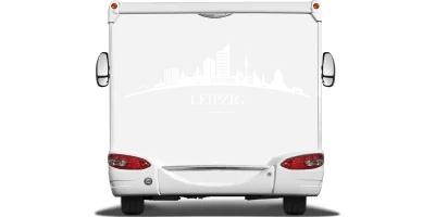 Konturgeschnittene Autofolie mit Leipziger Skyline auf Heck von Wohnmobil oder Wohnwagen - Ansicht Farbauswahl