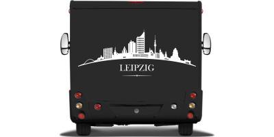 Konturgeschnittene Autofolie mit Leipziger Skyline auf Heck von Wohnmobil oder Wohnwagen - Ansicht Farbauswahl
