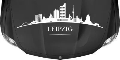 Konturgeschnittene Autofolie mit Leipziger Skyline auf dunkler Motorhaube - Ansicht Farbauswahl