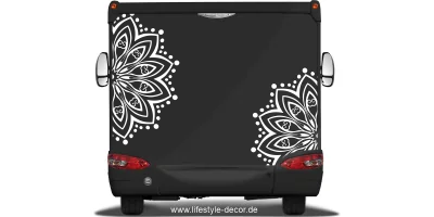 Autoaufkleber mit Mandala Motiv auf Heck von Wohnmobil oder Wohnwagen - Ansicht Farbauswahl
