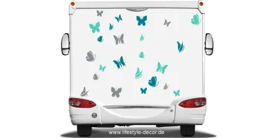 Bunter Autoaufkleber Schmetterlingstraum auf Heck von Wohnmobil oder Wohnwagen