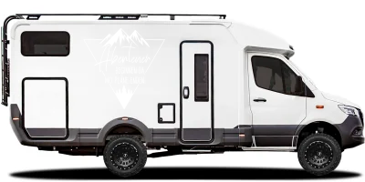 Aufkleber Reisemobil Spruch Abenteuer auf hellem Wohnmobil - Ansicht Farbauswahl