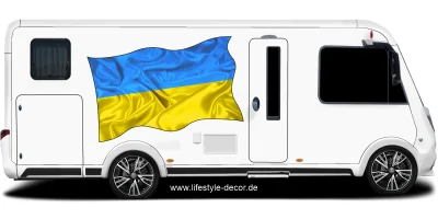 Aufkleber Fahne der Ukraine auf Motorhaube von dunklem PKW, Reisemobil oder Camper