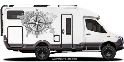 Aufkleber Kompass und Weltkarte auf Reisemobil - Ansicht Farbauswahl