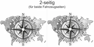 Aufkleber Kompass und Weltkarte - Ansicht zweiseitig für beide Fahrzeugseiten und Farbauswahl
