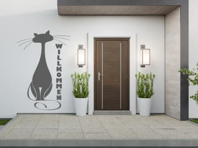 Aufkleber für die Fassade mit Willkommen und Katze