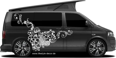 Auto Tattoo Aufkleber lifestyle auf dunklem Camper - Ansicht Farbauswahl