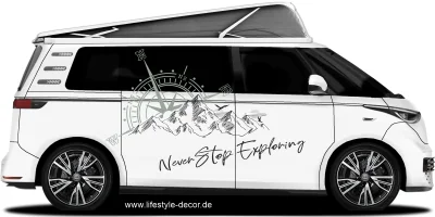 Autoaufkleber Berge and Kompassrose - Never Stop Exploring