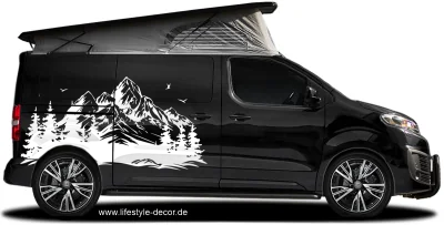 Autoaufkleber Berge & Wald Silhouette auf dunklem Campervan - Ansicht Farbauswahl