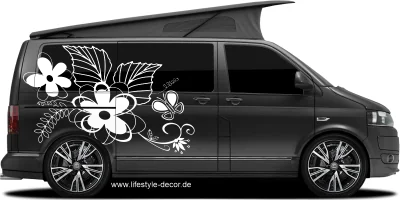 Autoaufkleber mit Blumen Ornament und Schmetterling auf dunklem Camper - Ansicht Farbauswahl