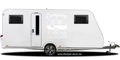 Autoaufkleber Camping ist auf hellem Seite eines Wohnwagens - Ansicht Farbauswahl