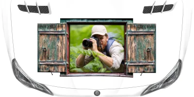 Autoaufkleber Eigenes Foto mit Fensterklappladen auf heller Motorhaube