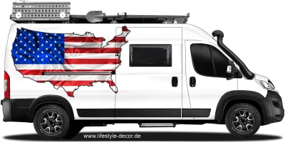 Autoaufkleber Fahne der USA als Silhouette auf Fahrzeugseite von Camper