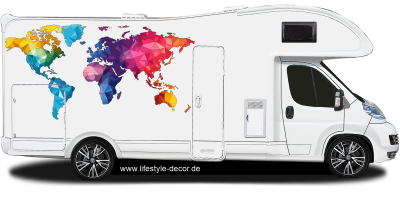Autoaufkleber farbige Weltkarte aus Polygonen auf weißem Reisemobil