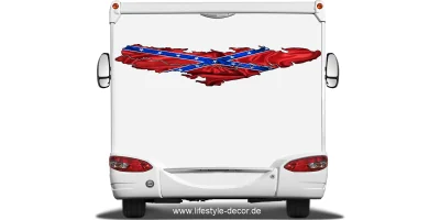 Flagge der Konföderierten Staaten von Amerika auf dem Heck von Wohnmobil oder Wohnwagen