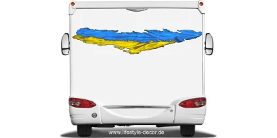 Autoaufkleber Flagge der Ukraine auf dem Heck von Wohnmobil oder Wohnwagen