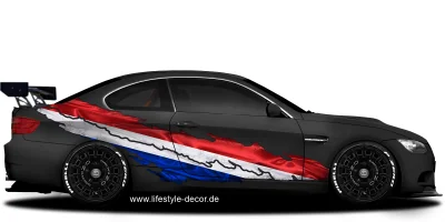 Autoaufkleber Niederländische Flagge auf Fahrzeugseite von dunklem Auto