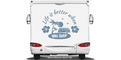 Aufkleber für Autos und Wohnmobile mit Spruch Life is better when you surf