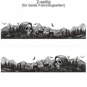 Autoaufkleber Mystisches Gebirge mit Totenkopf - Ansicht zweiseitig für beide Fahrzeugseiten und Farbauswahl