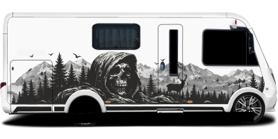 Autoaufkleber Mystisches Gebirge mit Totenkopf auf Wohnmobil