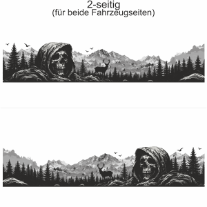 Autoaufkleber Mystisches Gebirge mit Totenkopf - Ansicht zweiseitig für beide Fahrzeugseiten und Farbauswahl