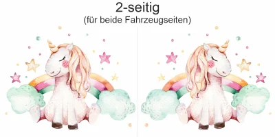 Autoaufkleber mit niedlichem Einhorn - Ansicht zweiseitig für beide Fahrzeugseiten