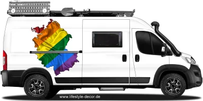 Autoaufkleber Regenbogenfahne als Silhouette von Deutschland auf Fahrzeugseite von Camper