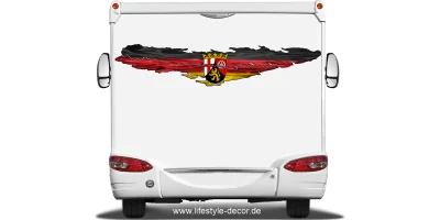 Autoaufkleber die Fahne von Rheinland-Pfalz auf dem Heck von Wohnmobil oder Wohnwagen
