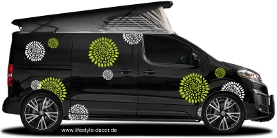 Autoaufkleber Satz Blumen Design auf dunklem Camper - Ansicht Farbauswahl